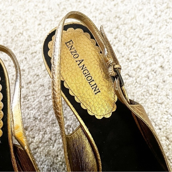 Enzo Angiolini Black Suede Leather Slingback Heels Sz 9.5 Pump Gold Metallic Bow - Picture 6 of 10